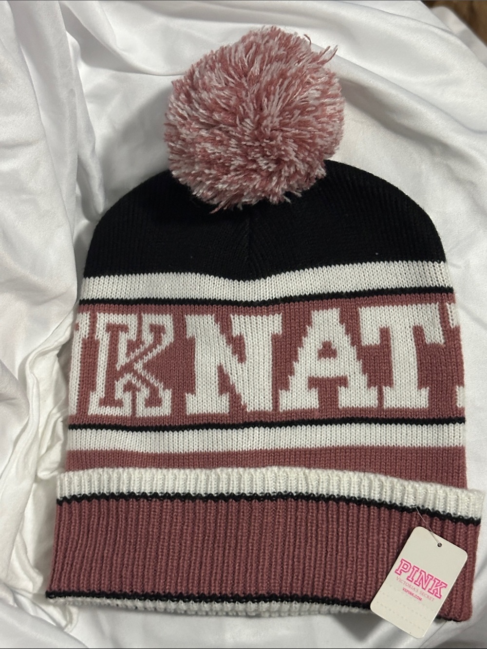 PINK Victoria's Secret Knit Pom Beanie in Dusty Rose, Black & White
